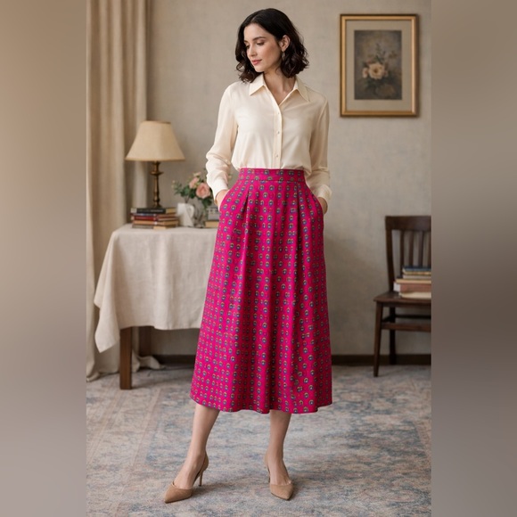 j.g. hook Dresses & Skirts - J.G. Hook Pink 100% Silk Midi Skirt Geometric Print Pleated Size 10